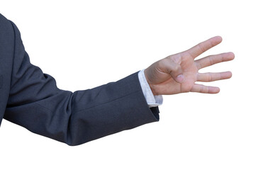 Hand of businessman in suit gestures isolated on transparent background. PNG File