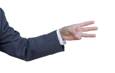 Hand of businessman in suit gestures isolated on transparent background. PNG File