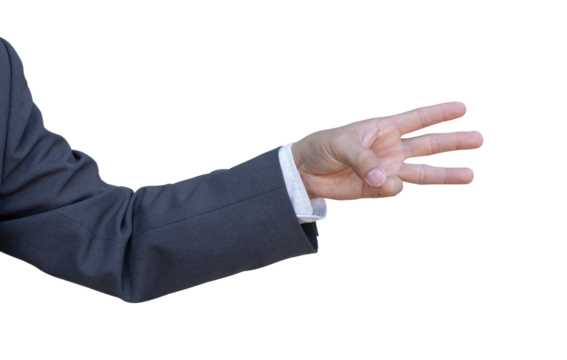 Hand of businessman in suit gestures isolated on transparent background. PNG File - Powered by Adobe
