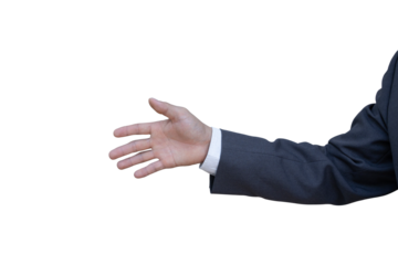 Hand of businessman in suit gestures isolated on transparent background. PNG File