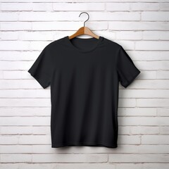 Black men's t-shirt mockup template hanging on a hanger on a light neutral background suitable for designers and print shopes.
