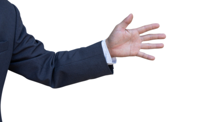Hand of businessman in suit gestures isolated on transparent background. PNG File
