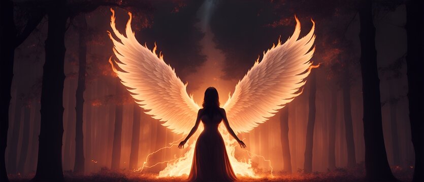 Human female like aura silhouette figure with large giant angel wings emanating white fire flaming aura and sparks on a dark background from Generative AI