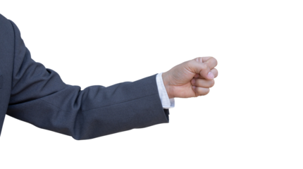 Hand of businessman in suit gestures isolated on transparent background. PNG File