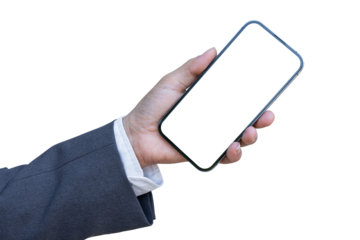Businessman hand holding smartphone with blank transparent screen and background- PNG format.