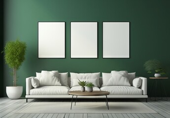 interior scene with green walls,white sofa and three frame mock up, minimalist backgrounds