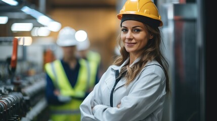 Female engineer factory overseeing operating machine, Heavy Industry Manufacturing.