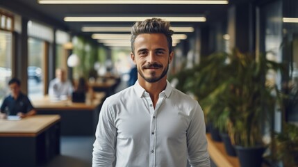 Naklejka premium Creative man wearing a white shirt and smiling is working in office.