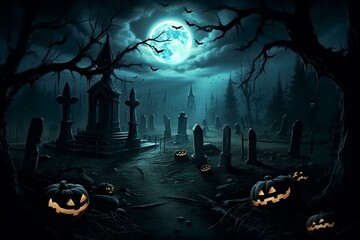 Dark cemetery with moon, grave, bat, holiday pumpkin, Halloween horror. Generative AI