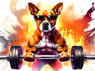 重りを持ち上げて筋力トレーニングをする色眼鏡をかけた筋肉質な犬と火炎の背景 - obrazy, fototapety, plakaty