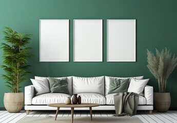 interior scene with green walls,white sofa and three frame mock up, minimalist backgrounds