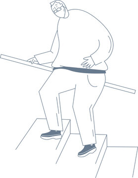 recommend clip art: An elderly man climbs the stairs holding on to the handrail.