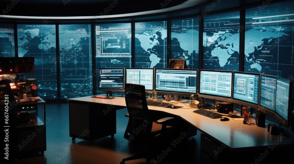 Aufkleber Empty desks and computers in a control room, Powering the Future, Smart Grid Control Center.