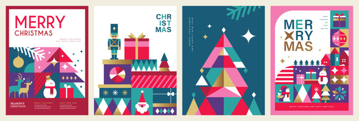 Set of Merry Christmas and Happy New Year 2024 vector illustration for greeting cards, posters, holiday covers in modern minimalist geometric style. - 667404216