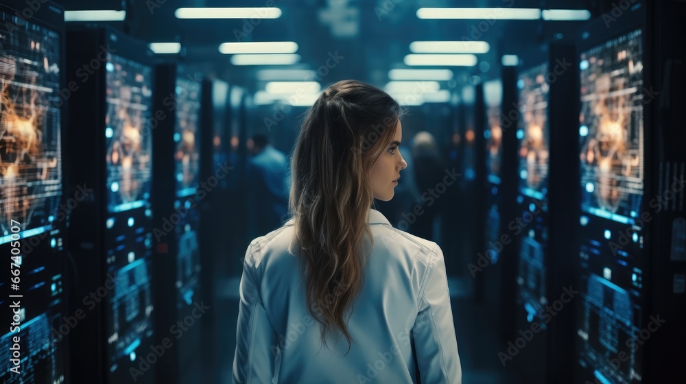 Poster female data center it specialist using tablet computer working for cyber data security company.