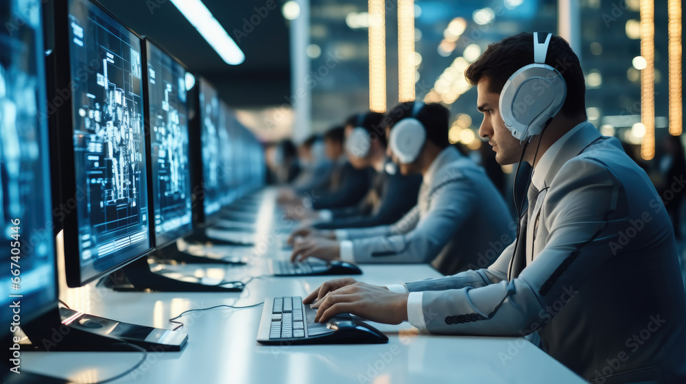 Aufkleber Team of IT professionals working on computers in a server room, Collection and storage of large amounts of data. Checks the operation of servers and automation.
