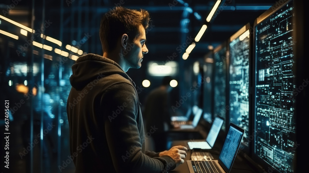 Aufkleber Male programmer working on a tablet in a server room, Checking the network status.