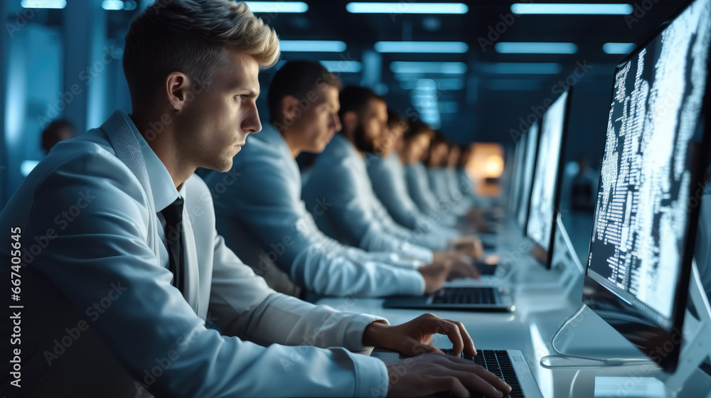 Aufkleber Team of IT professionals working on computers in a server room, Collection and storage of large amounts of data. Checks the operation of servers and automation.