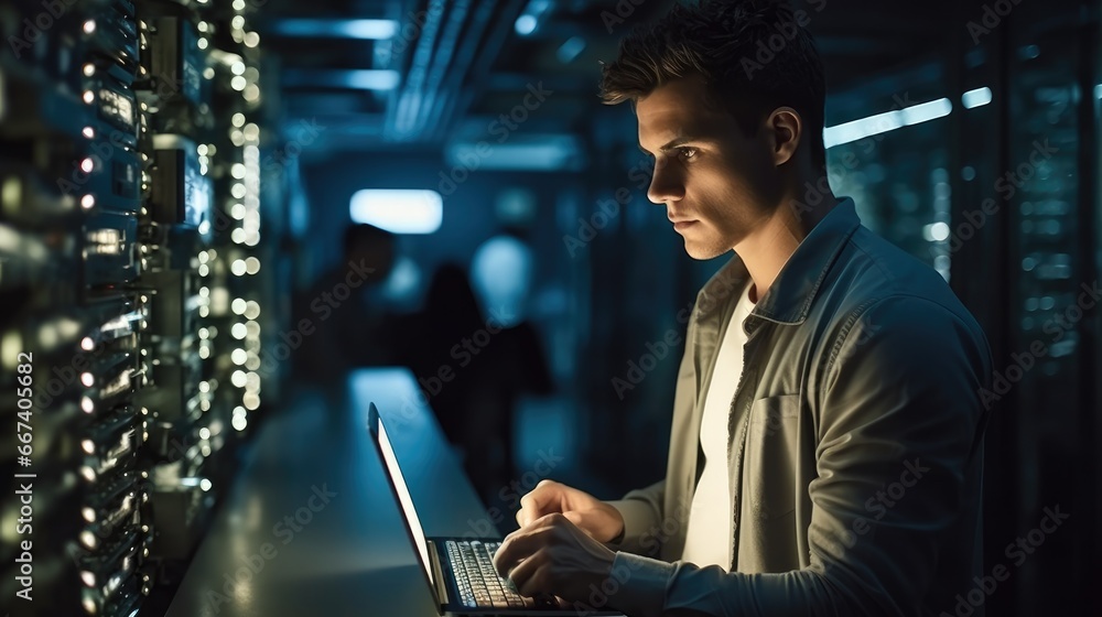 Aufkleber Male programmer working on a tablet in a server room, Checking the network status.