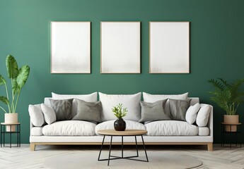 interior scene with green walls,white sofa and three frame mock up, minimalist backgrounds