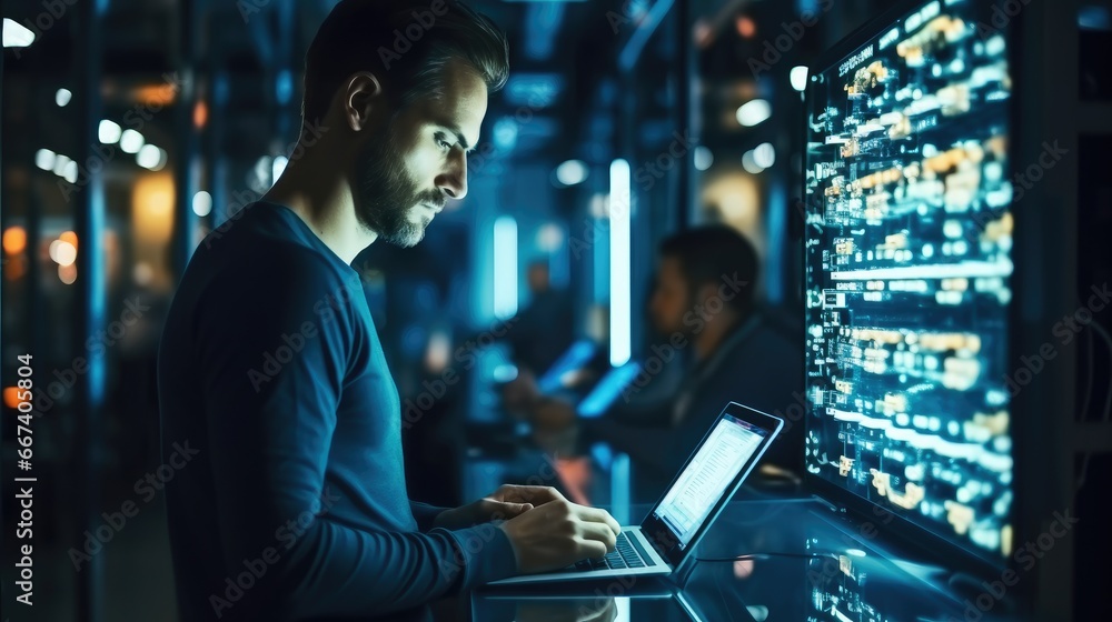 Poster Male programmer working on a tablet in a server room, Checking the network status.