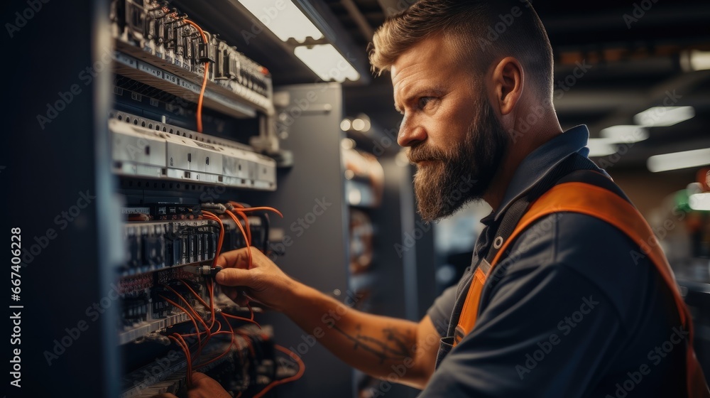 Poster male electrician testing for voltage in a fuse box.