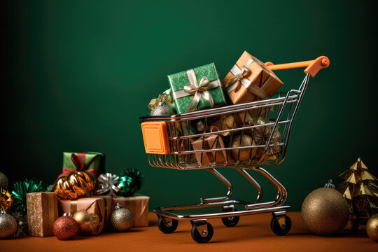 A shopping cart full of christmas presents and gift boxes. Festive promotion and sale concept