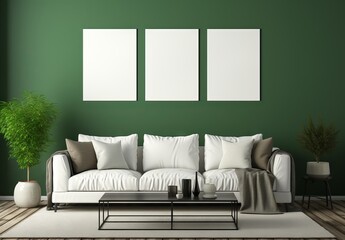 interior scene with green walls,white sofa and three frame mock up, minimalist backgrounds