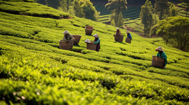 tea picking at the tea plantation at the town of Mae Salong north of the city Chiang Rai in North Thailand