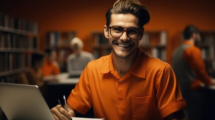 Smiling man wearing orange polo collar shirt is work in office.