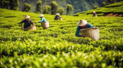 tea picking at the tea plantation at the town of Mae Salong north of the city Chiang Rai in North Thailand - obrazy, fototapety, plakaty