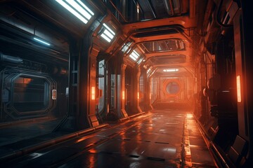 A futuristic rendering of a dimly lit architectural interior in a sci-fi or industrial setting. Generative AI