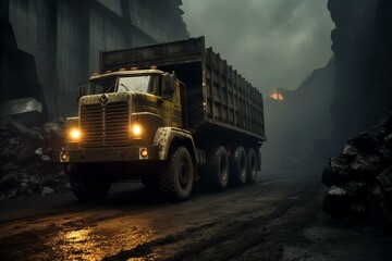 Large truck in coal mine loading coal. Generative AI