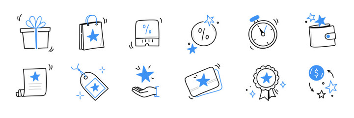 Doodle exclusive, benefit, reward loyalty coupon icon set. Hand drawn sketch style bonus card, loyalty program, vip member icon. Exclusive reward, discount program offer doodle. Vector illustration
