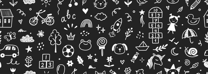 Kindergarten doodle vector chalkboard background. Hand drawn doodle style children cute seamless pattern, preschool wallpaper. Kids education simple background. Vector illustration