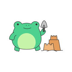 Obraz premium Cute frog with a shovel and sand castle. Vector illustration.