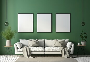 interior scene with green walls,white sofa and three frame mock up, minimalist backgrounds