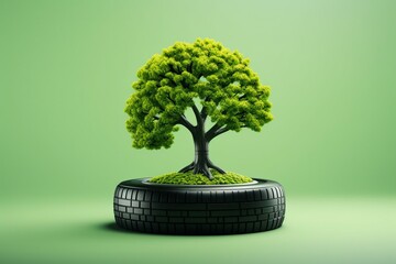 Creative design showcasing a tire wheel on green background with a tree growing inside, representing recycling and environmentally friendly tire production. Generative AI