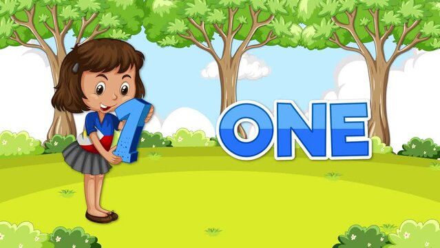 Education animation teaching children counting from 1 to 10 using a cartoon character holding sign numbers with written letters, set in a nature park outdoor background.