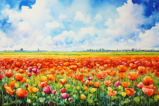 Colorful painting of flower fields in the Netherlands depicted with vibrant red, green, and orange watercolor. A 4k landscape serving as a picturesque background or wallpaper. Generative AI