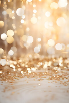 silver white and gold vertical abstract background with copy space, bokeh lights and glitter on wedding anniversary