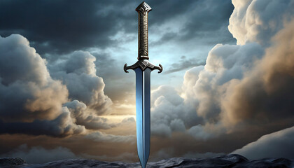 Metal sword on a dark background with clouds. 3d render