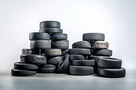 Pile of fresh tires. Tires separated on plain background. Generative AI