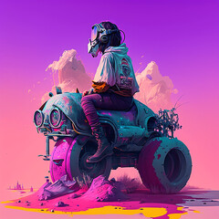 Motorcyclist in the Dessert, digital painting made with Generative AI