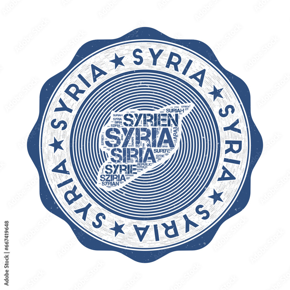 Poster syria seal. country round logo with shape of syria and country name in multiple languages wordcloud.