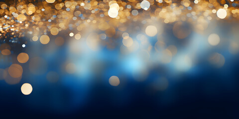 Fototapeta na wymiar Blue and gold abstract background banner with copy space, bokeh lights and glitter on New Year's Eve