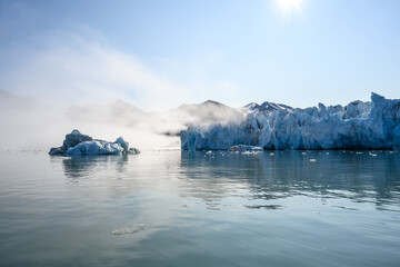 Early morning scenic view of Monacobreen Glacier in Liefde Fjord, Svalbard, Arctic
