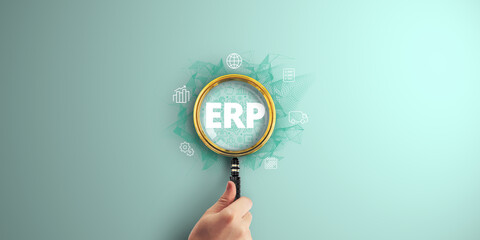 ERP Enterprise resources planning system software business technology. Magnifier focus to Digital...