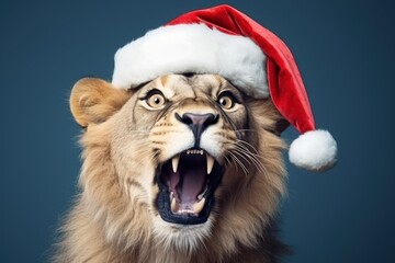 Funny surprised lion with santa hat studio shot isolated bright color background