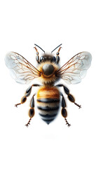 Highly detailed photo-realistic image of a bee, capturing the fine hairs on its body and the translucence of its wings, set against a flawless white b